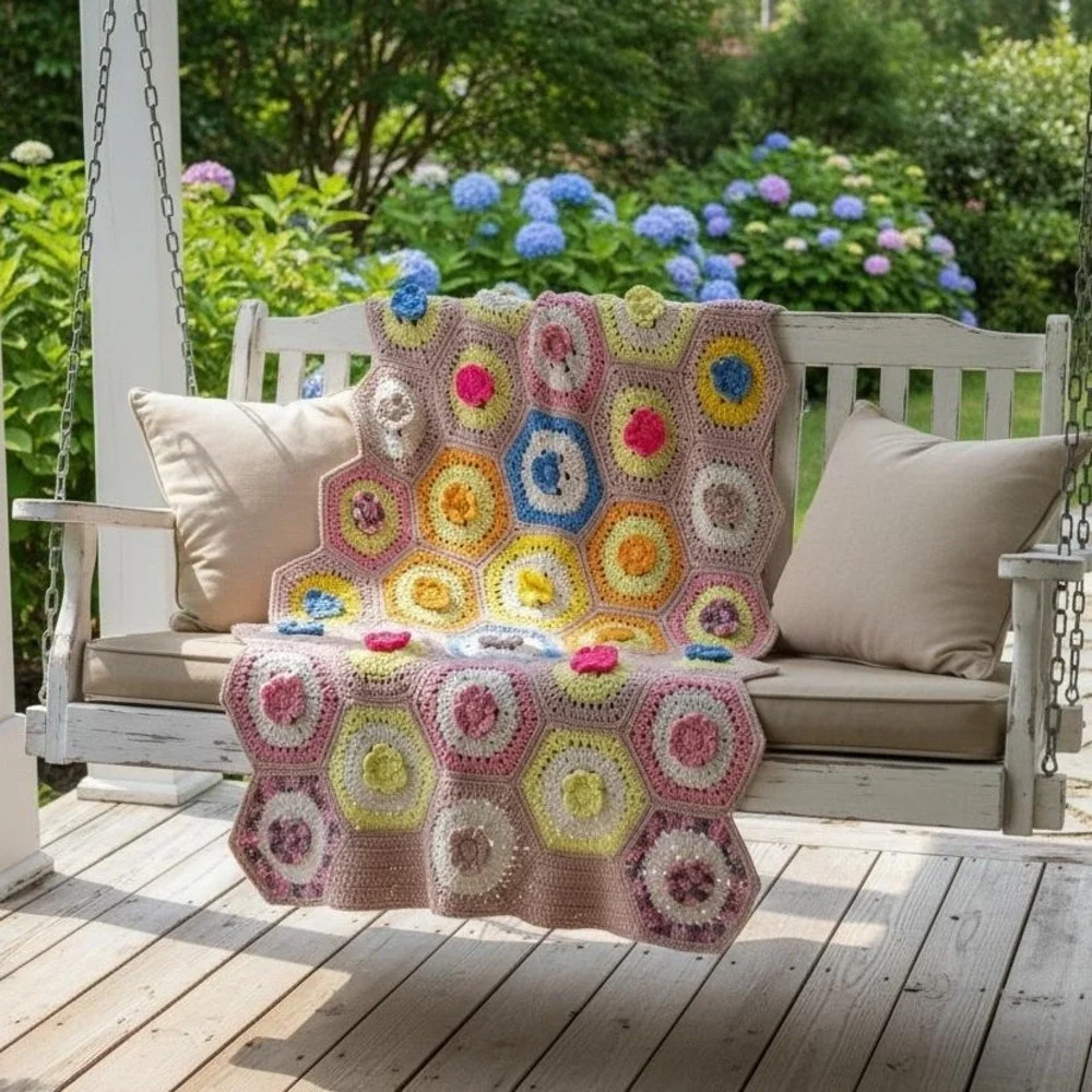 Handmade Crochet‎ Baby Blanket Flower Garden Hexagon Afghan 33x54